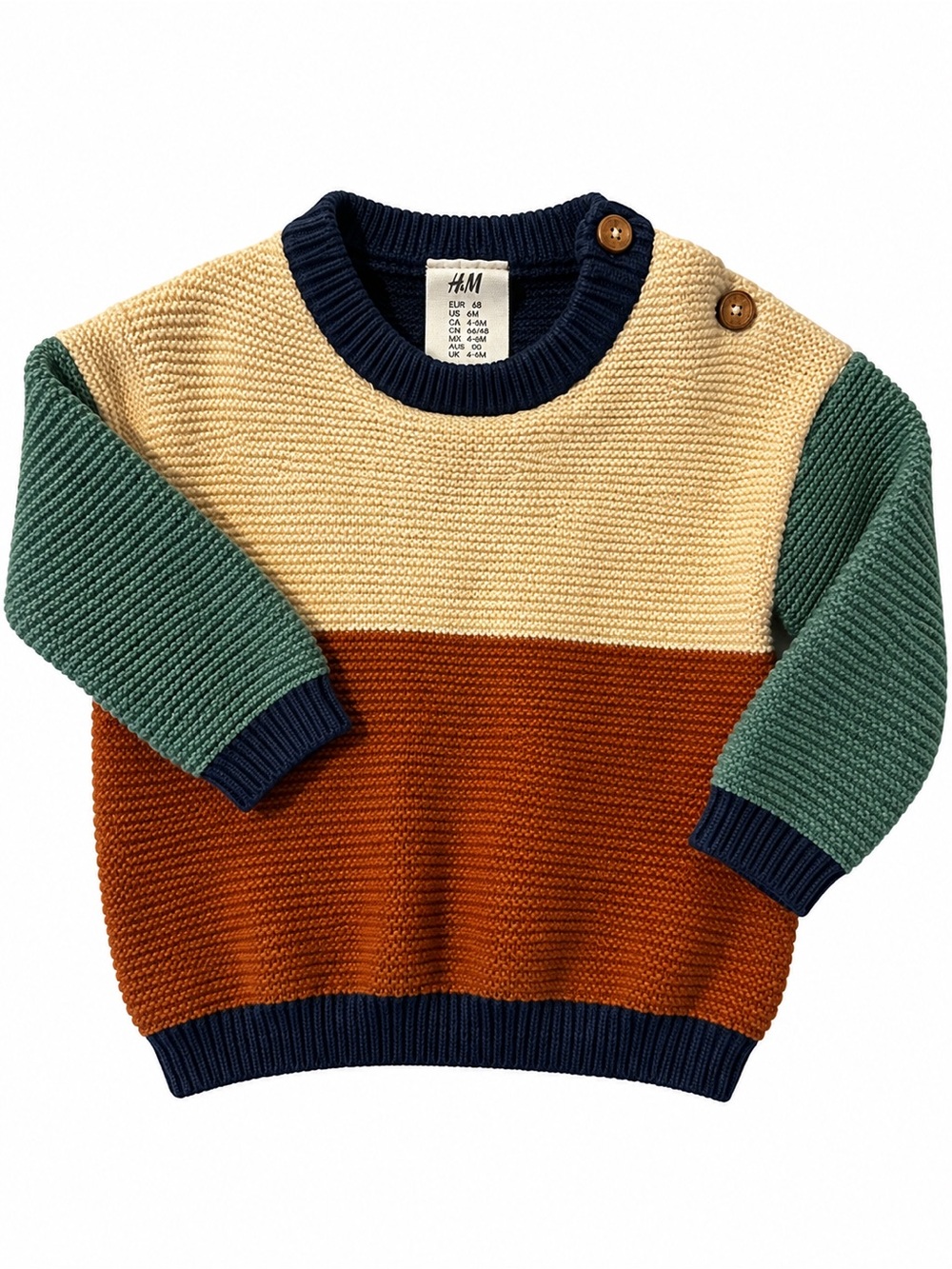 H&M Colorblock Crewneck Sweater in Cream, Rust & Green with Navy Trim